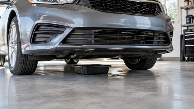 Bedford 10.19 Photo for used car oil leaks in Bedford OH: drip pan on a clean garage floor under a car