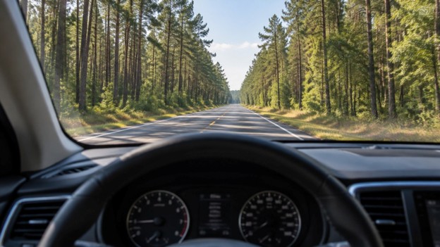 Photo for used car steering in Conroe TX: steering wheel and a straight road lined with pine trees