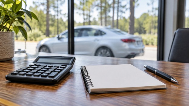 Conroe 10.19 Photo for used car financing in Conroe TX: calculator, pen and notepad with a sedan in the background