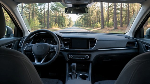 Used car test drive Conroe TX view from the back seat down a tree-lined road