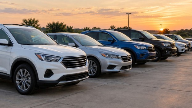 Used car trade-in Duncanville TX row of cars on a paved lot at golden hour