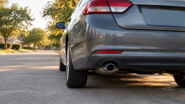 Photo for used car exhaust in Duncanville TX: gray sedan rear bumper and tailpipe on a suburban street