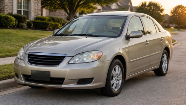 Duncanville 10.19 Photo for used car VIN check in Duncanville TX: beige sedan parked at a suburban curb at golden hour