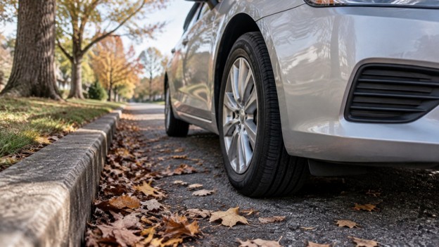 Photo for used car wheel alignment in Florence KY: front wheel and curb line on an autumn street