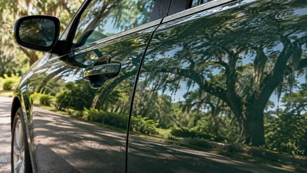 Photo for used car paint condition in Gainesville FL: glossy dark green door reflecting live oak trees