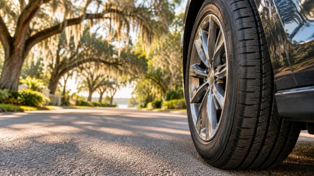 Photo for used car tires in Gainesville FL: tire and wheel on a street lined with live oaks