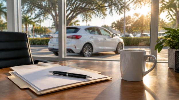 Used car buying checklist Gainesville FL folder, pen and notes on a dealership desk