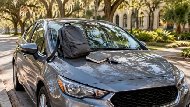 Used cars for college students Gainesville FL checklist with keys, notebook and coffee