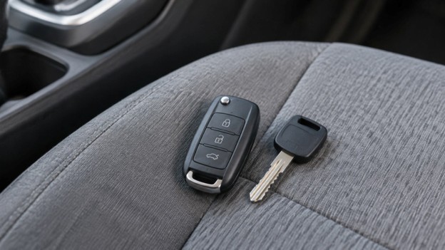 Rogers 10.13.26 Photo for used car keys and remotes in Rogers AR: plain key fob and spare key on a gray car seat