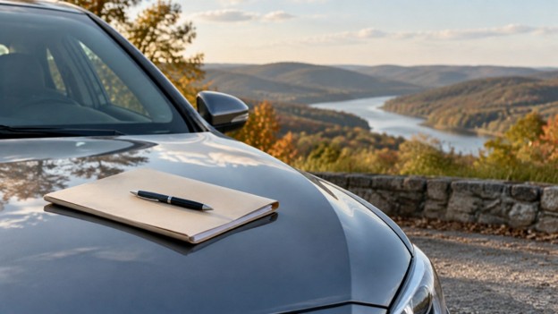 Photo for used car warranty in Rogers AR: folder of papers and a pen on the hood of a sedan
