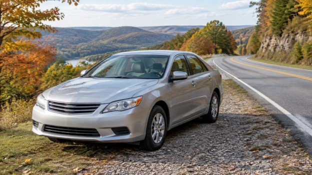 Illustration for used car fuel economy in Rogers AR: sedan parked on a country road in autumn