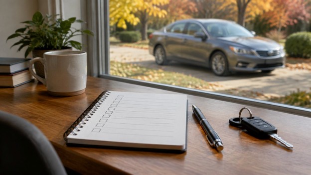 Rogers Blog 10.2.26 First time car buyer Rogers AR checklist with notebook, pen and car keys on a desk