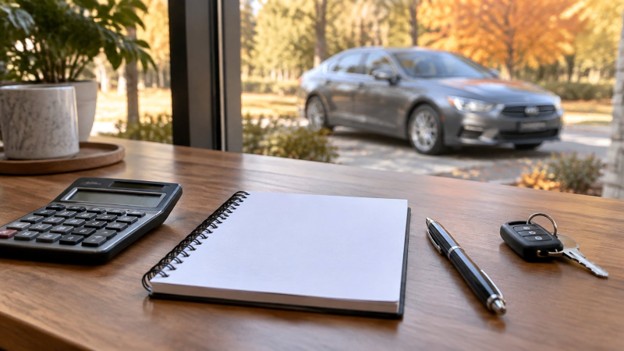 Rogers Blog 10.5.26 Used car insurance Rogers AR quote paperwork, pen and calculator on a desk