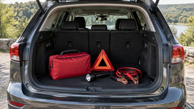 Rogers Photo for used car emergency kit in Rogers AR: trunk with a tidy roadside kit and flashlight